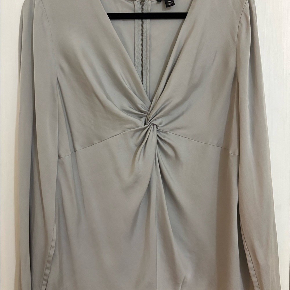 Ann Taylor Silk Twist-Knot V-Neck Long Sleeve Top - Light Gray